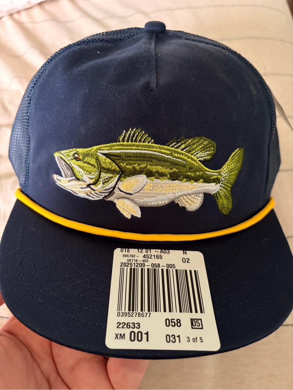 Bass Pro Shops Navy Trucker Hat with Yellow Trim and Green Fish Embroidery